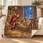 Reindeer Barn blanket, on a sofa