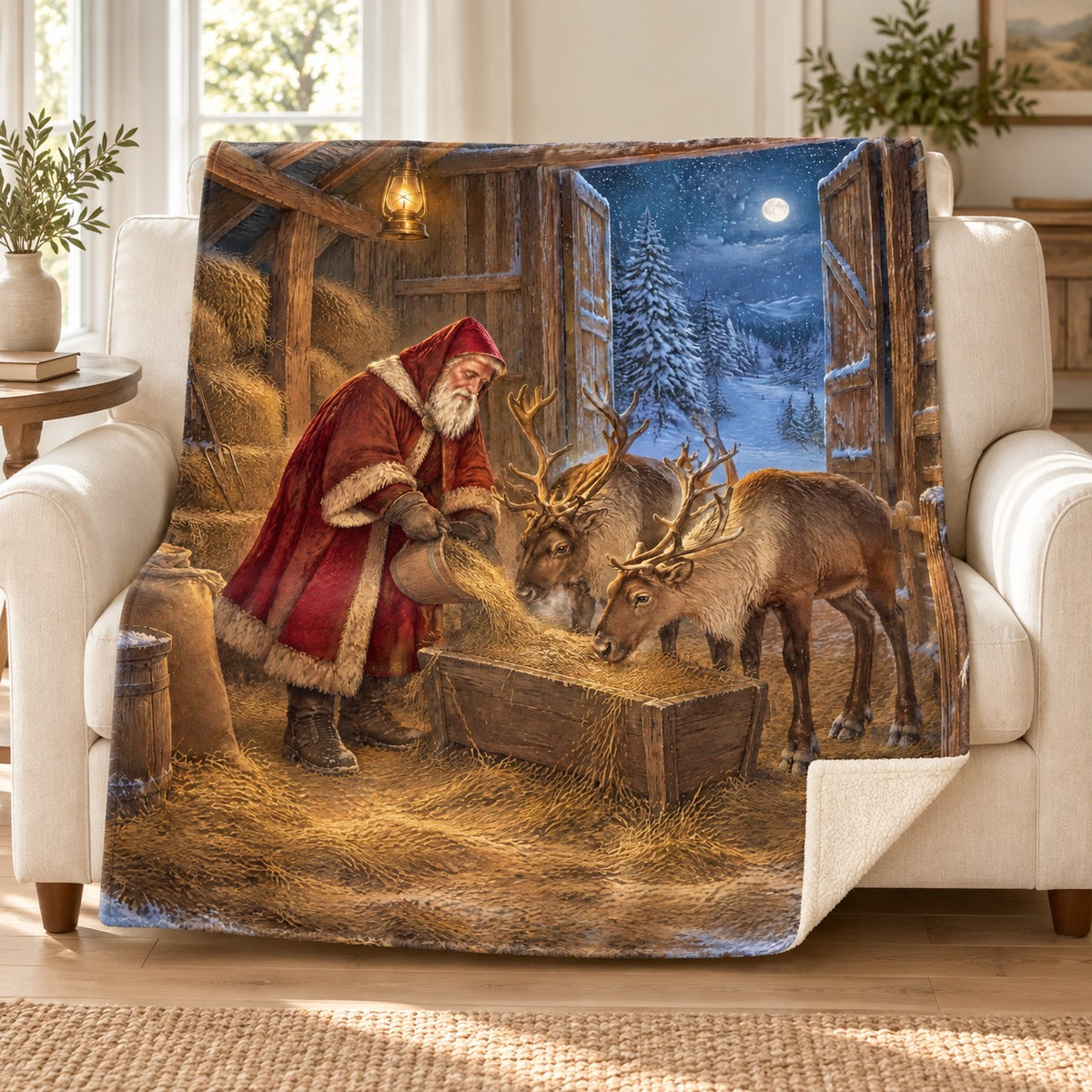 Reindeer Barn blanket, on a sofa