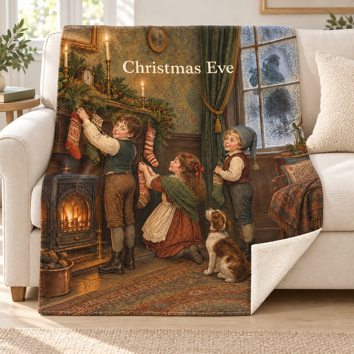Christmas Eve blanket, on a sofa