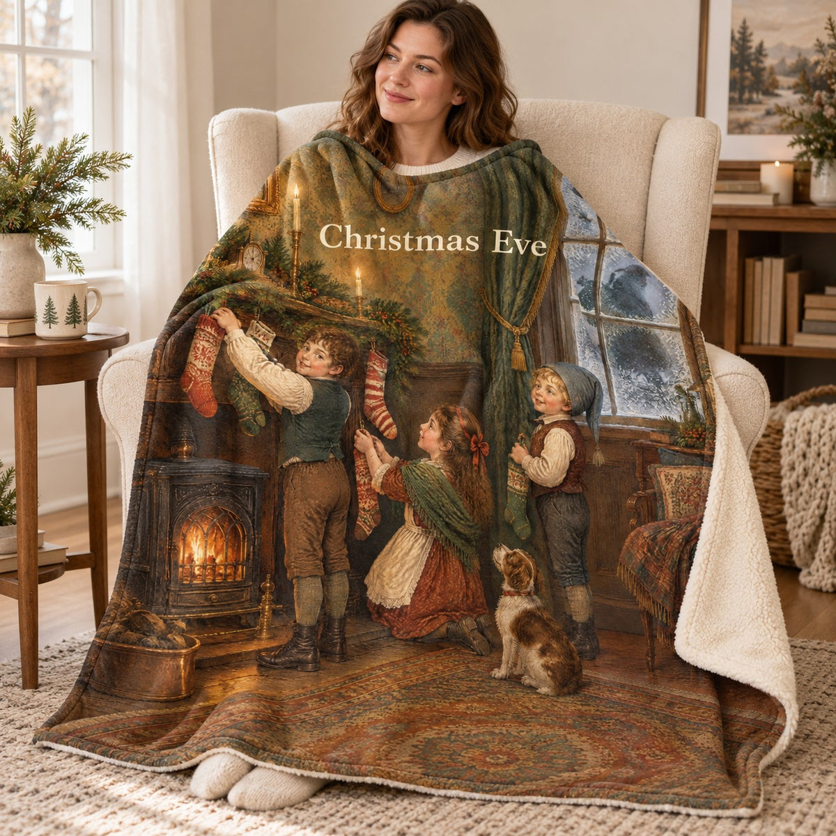 Christmas Eve blanket, wrapped around a reader