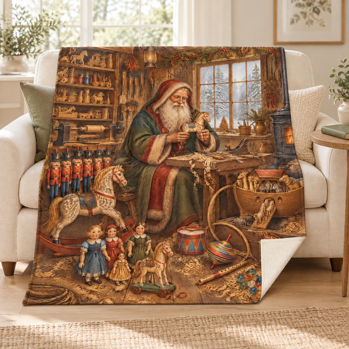 Old World Workshop blanket, on a sofa