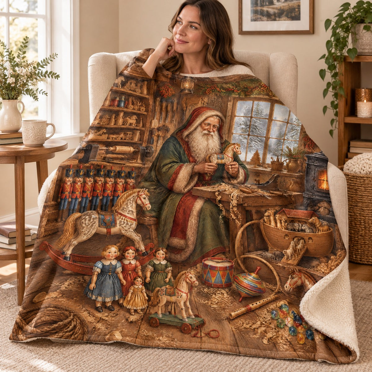 Old World Workshop blanket, wrapped around a reader