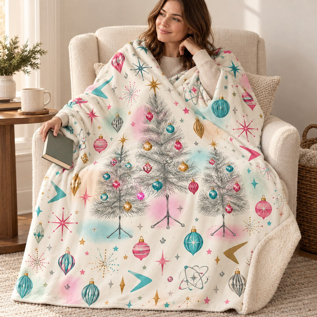 Aluminum Christmas Tree blanket, wrapped around a reader