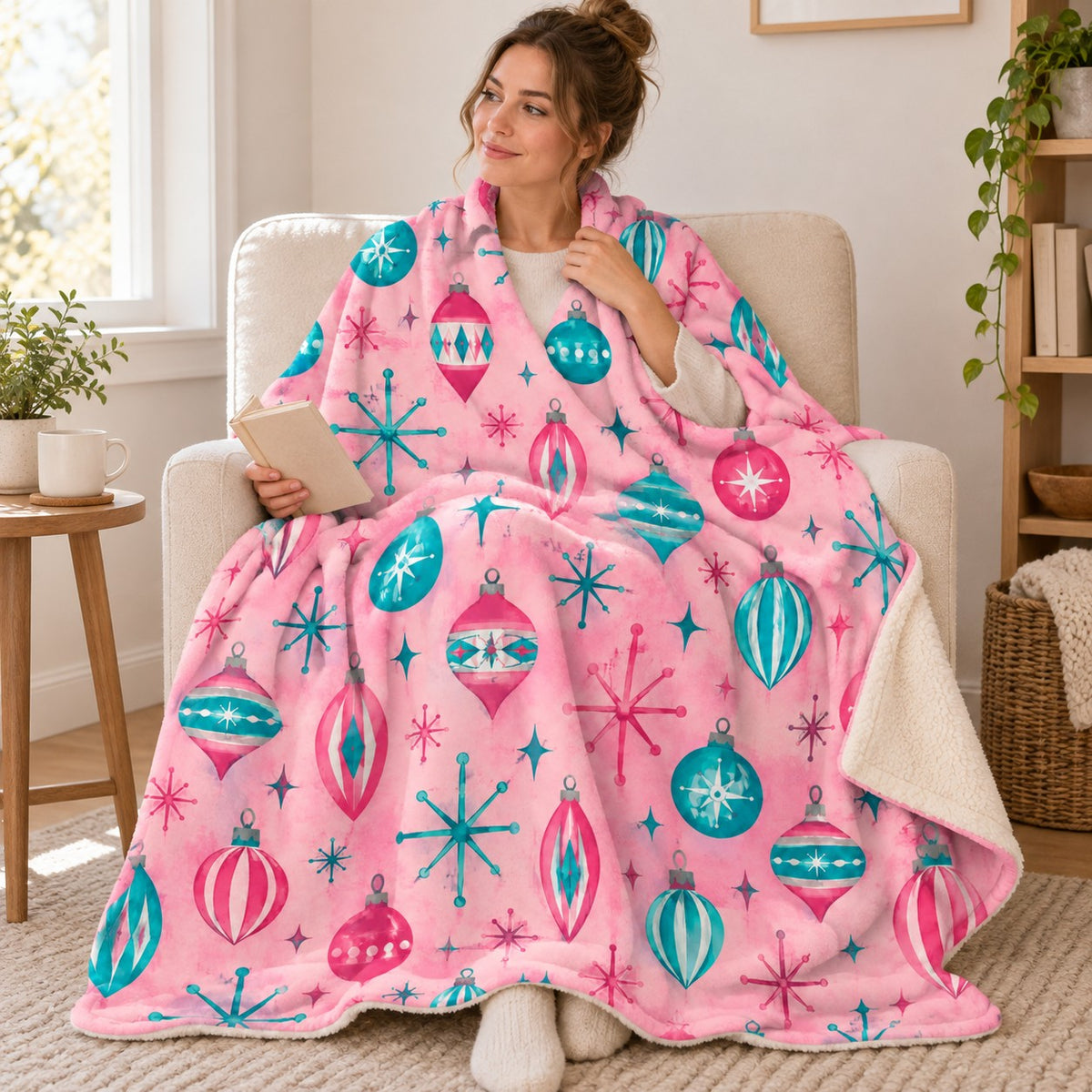 Atomic Ornaments blanket, wrapped around a reader