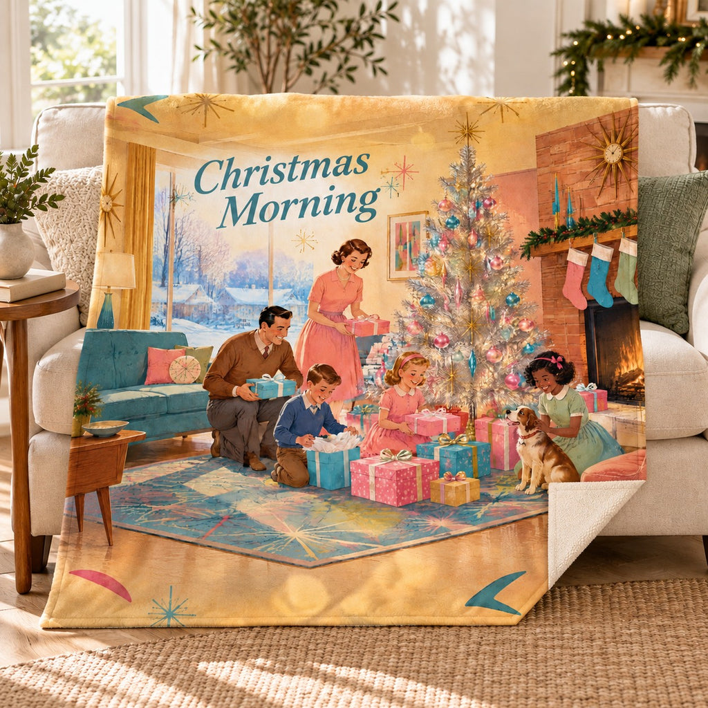 Christmas Morning blanket, on a sofa