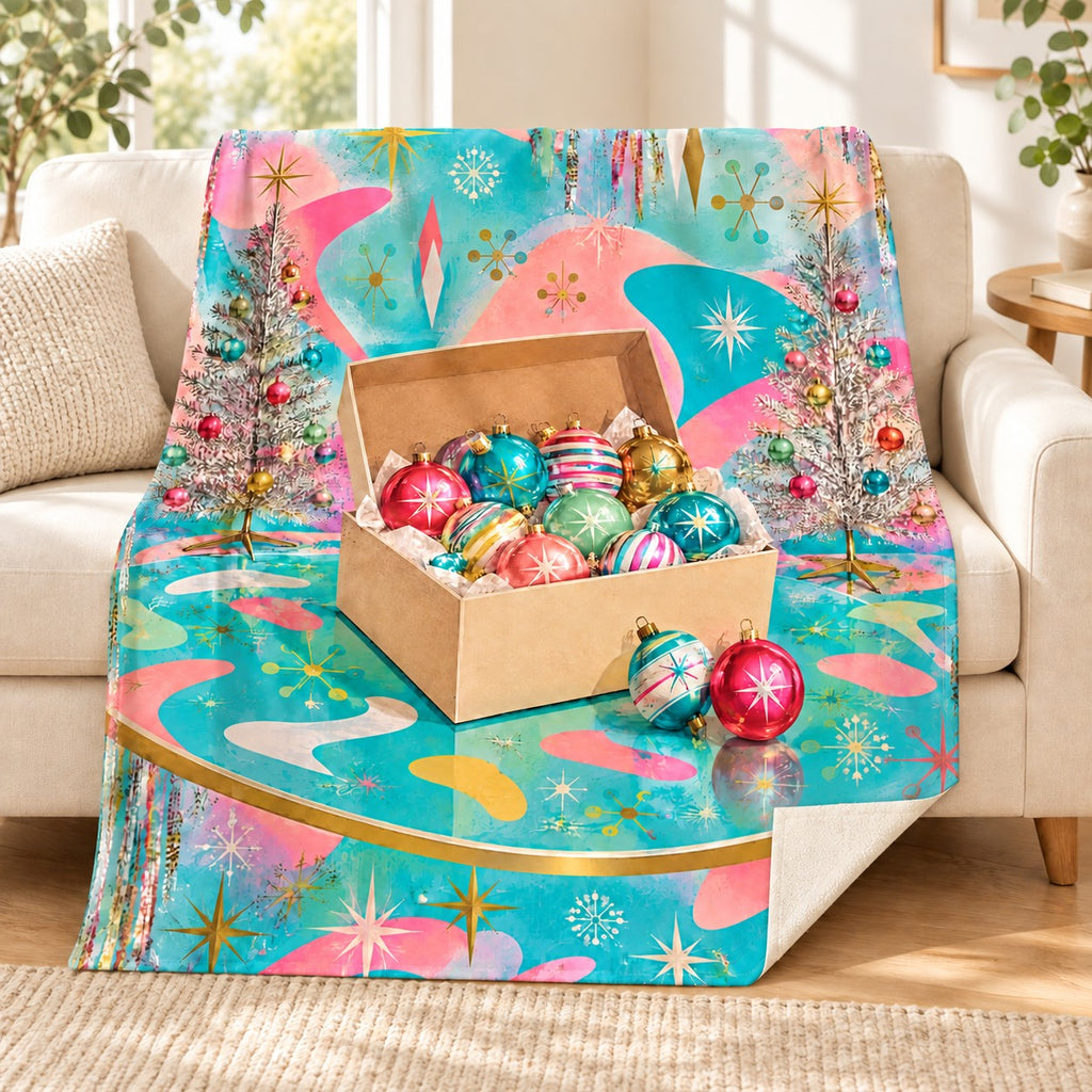 Vintage Ornament Box blanket, on a sofa