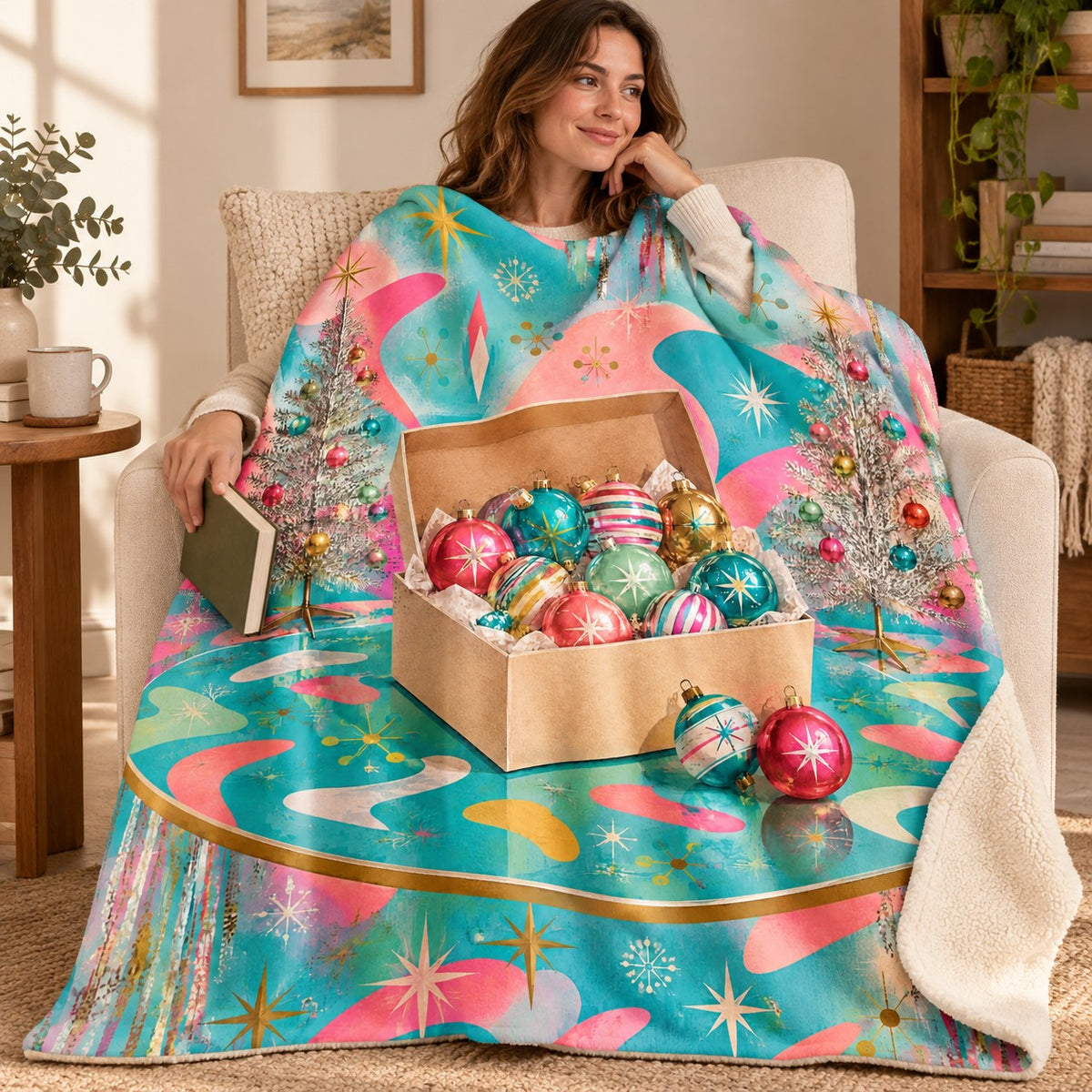 Vintage Ornament Box blanket, wrapped around a reader