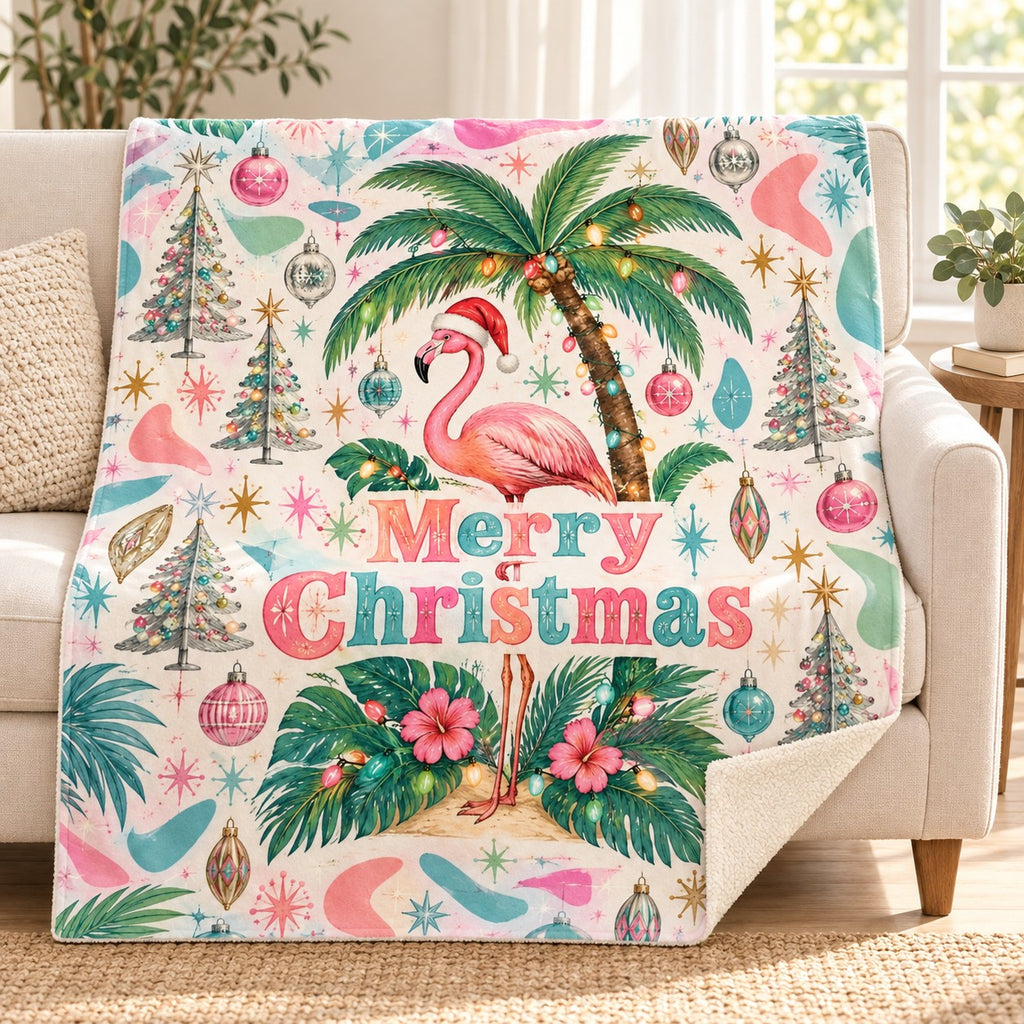 Merry Christmas blanket, on a sofa