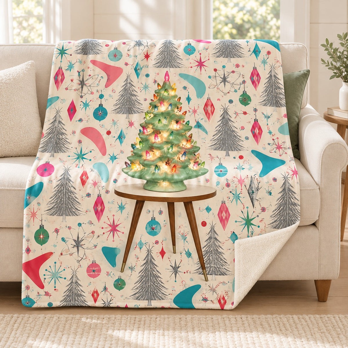 Glowing Ceramic Tree blanket, on a sofa