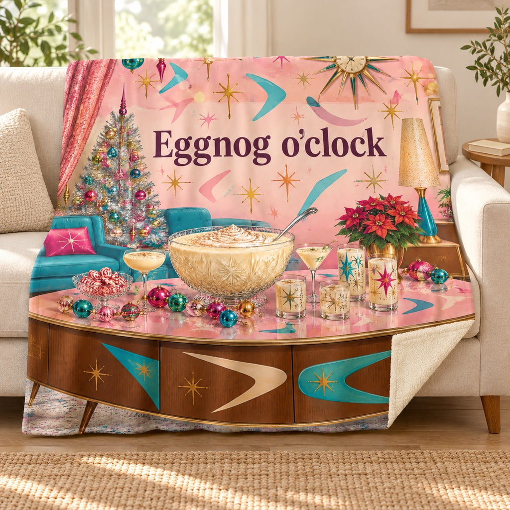 Eggnog o'clock blanket, on a sofa