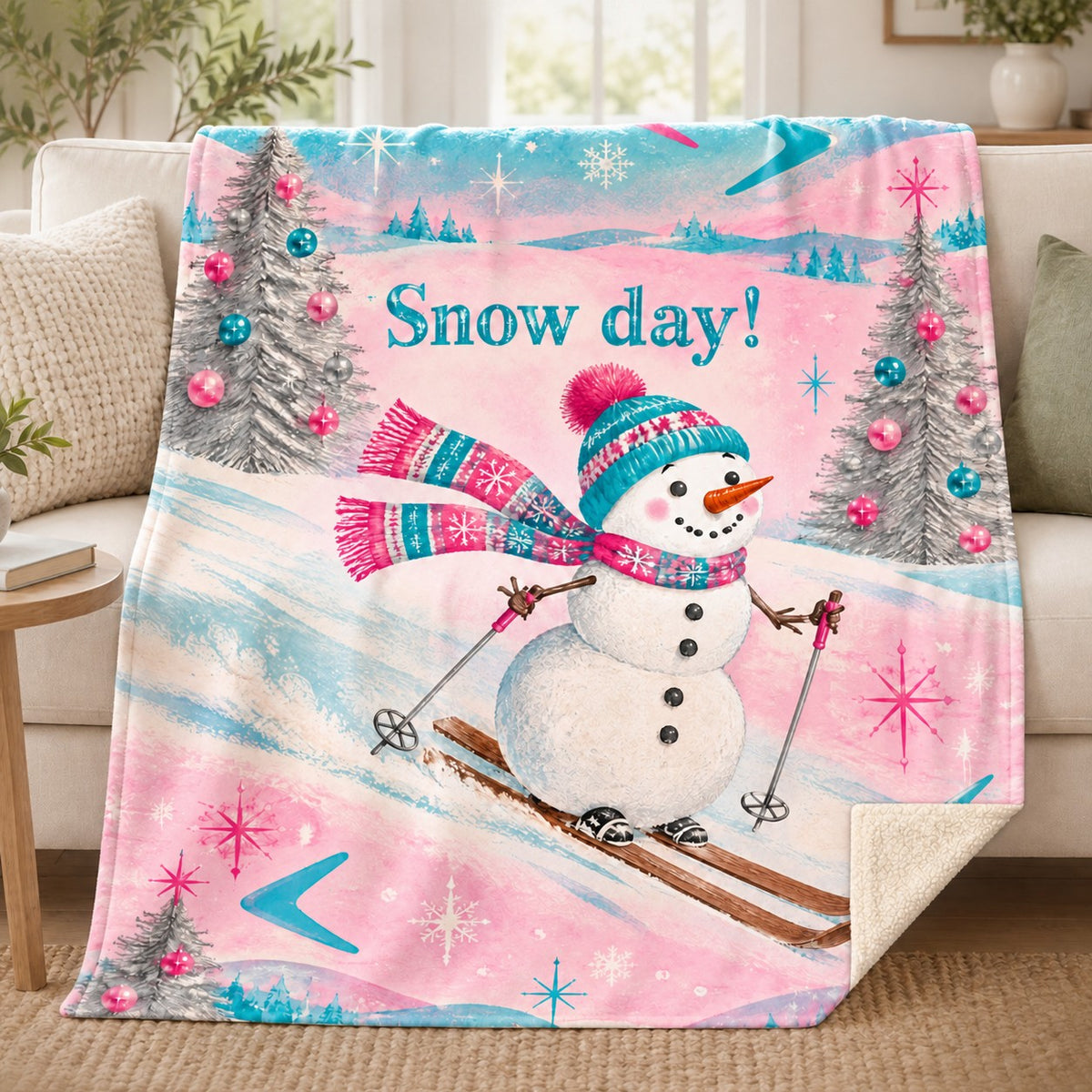 Snow day! blanket, on a sofa