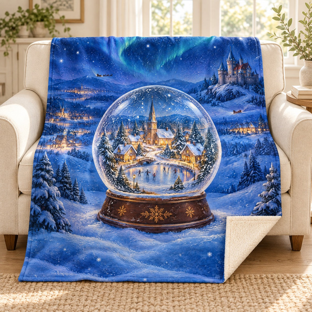 Village Snow Globe blanket, on a sofa