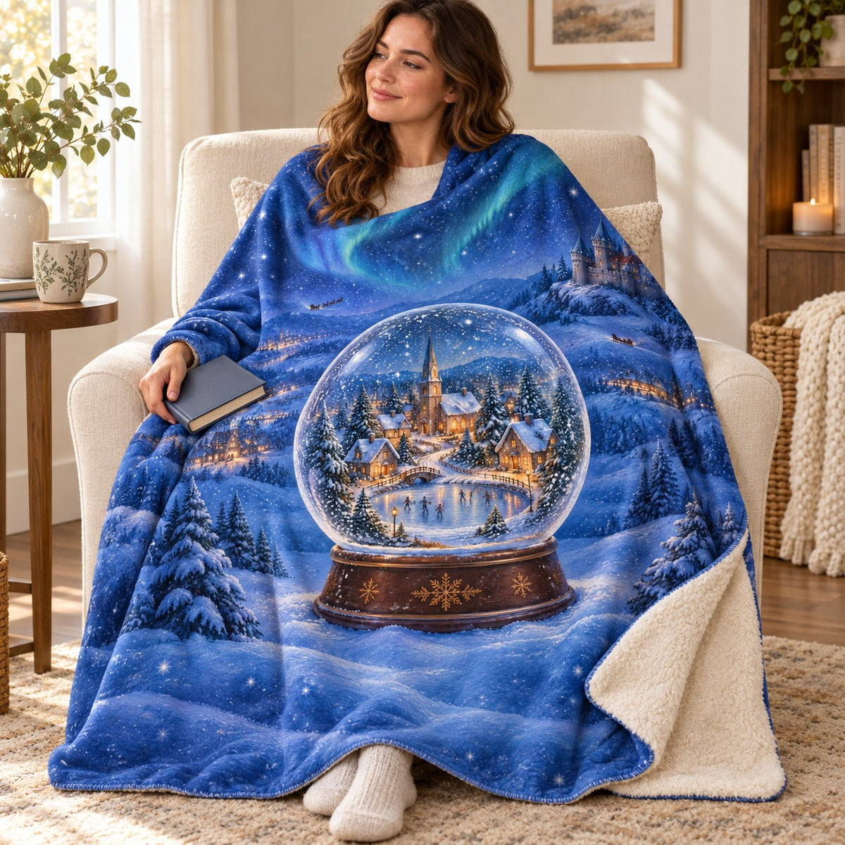 Village Snow Globe blanket, wrapped around a reader