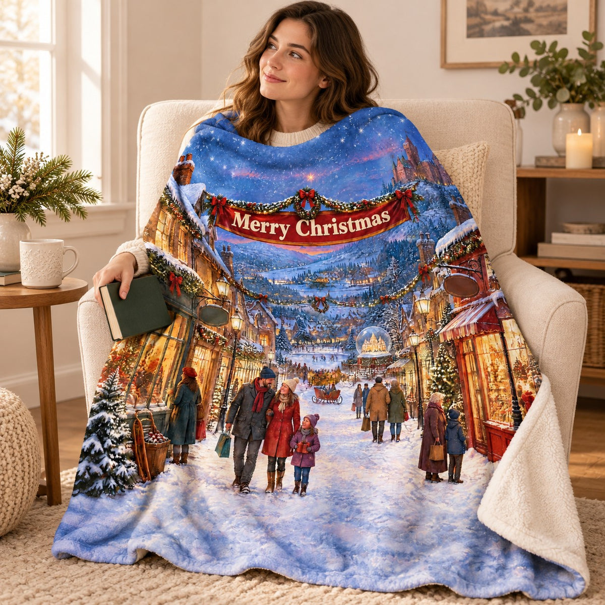 Merry Christmas blanket, wrapped around a reader