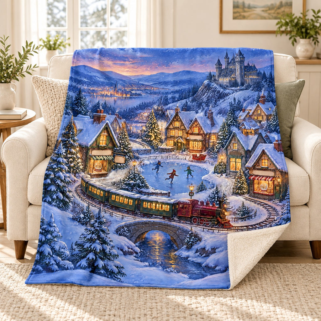 Village Model Train blanket, on a sofa