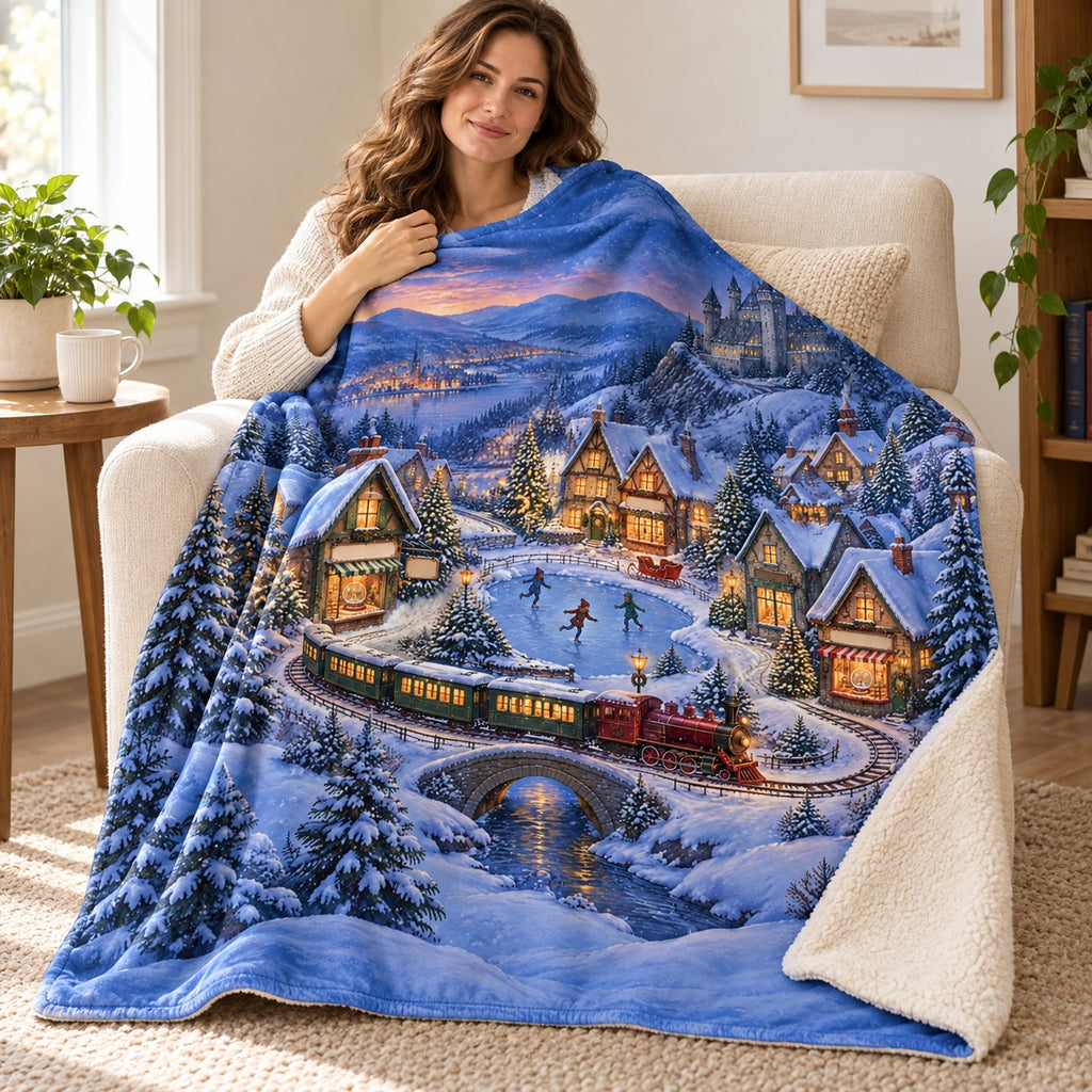 Village Model Train blanket, wrapped around a reader