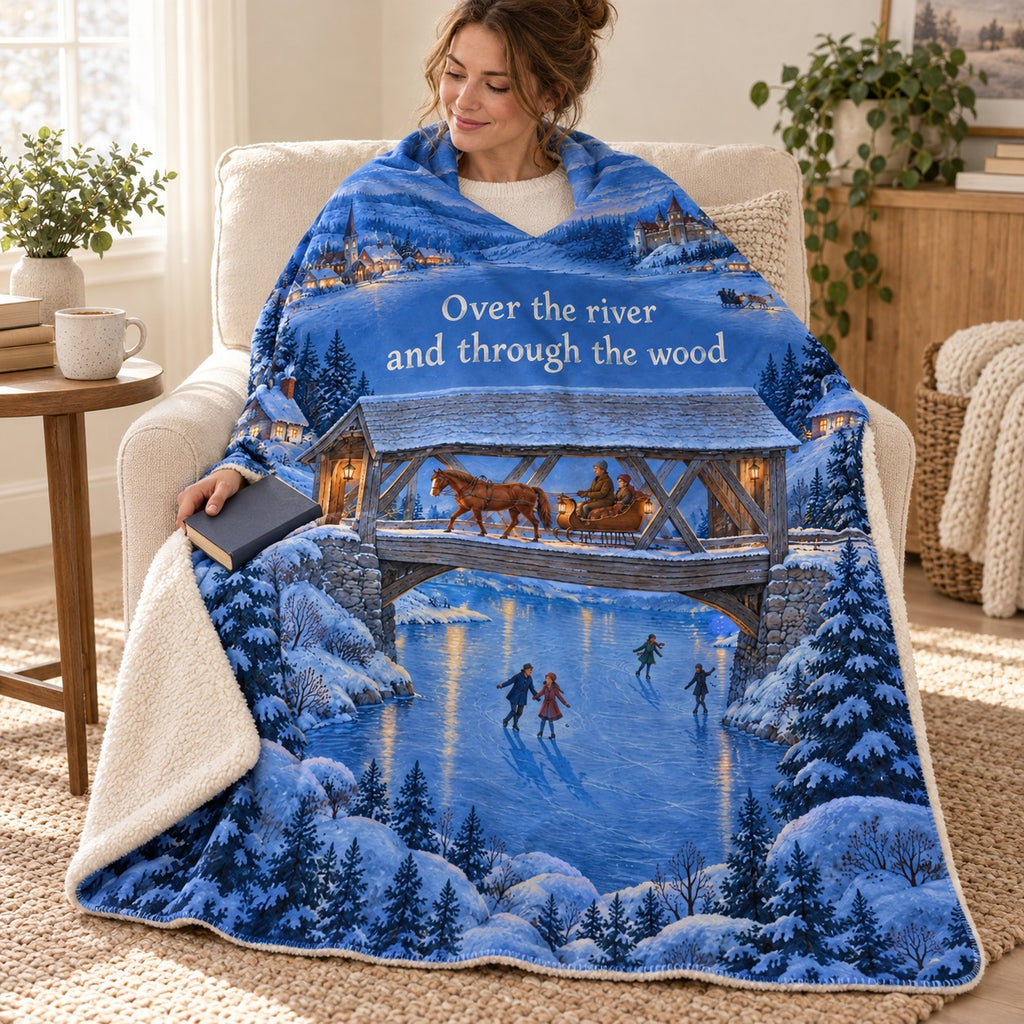 Covered Bridge Sleigh blanket, wrapped around a reader
