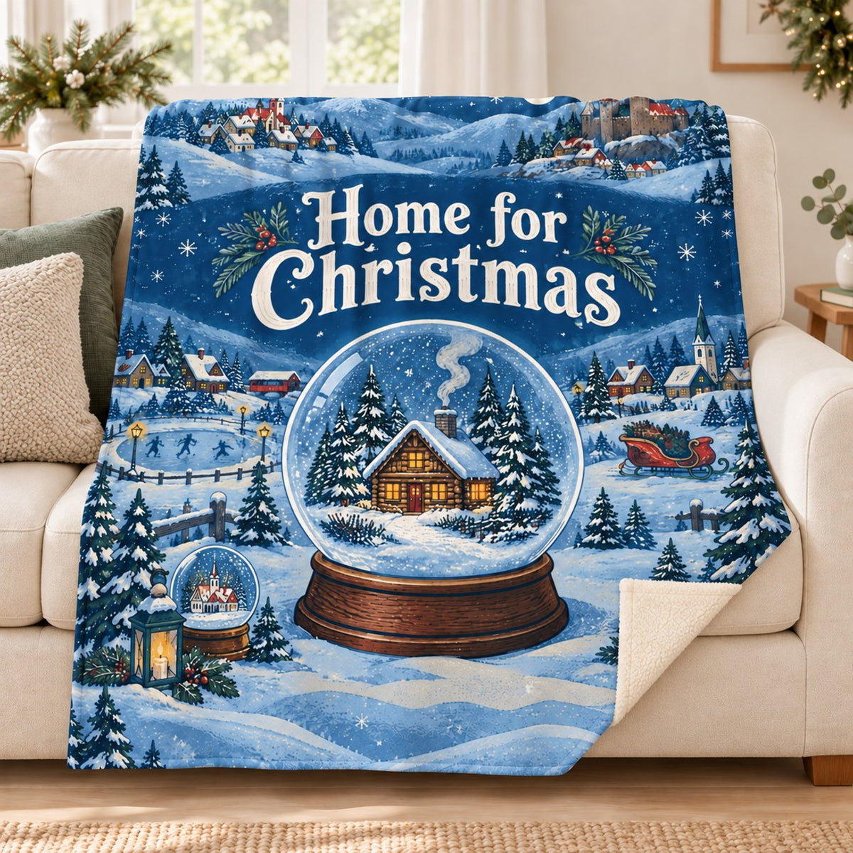 Home for Christmas blanket, on a sofa