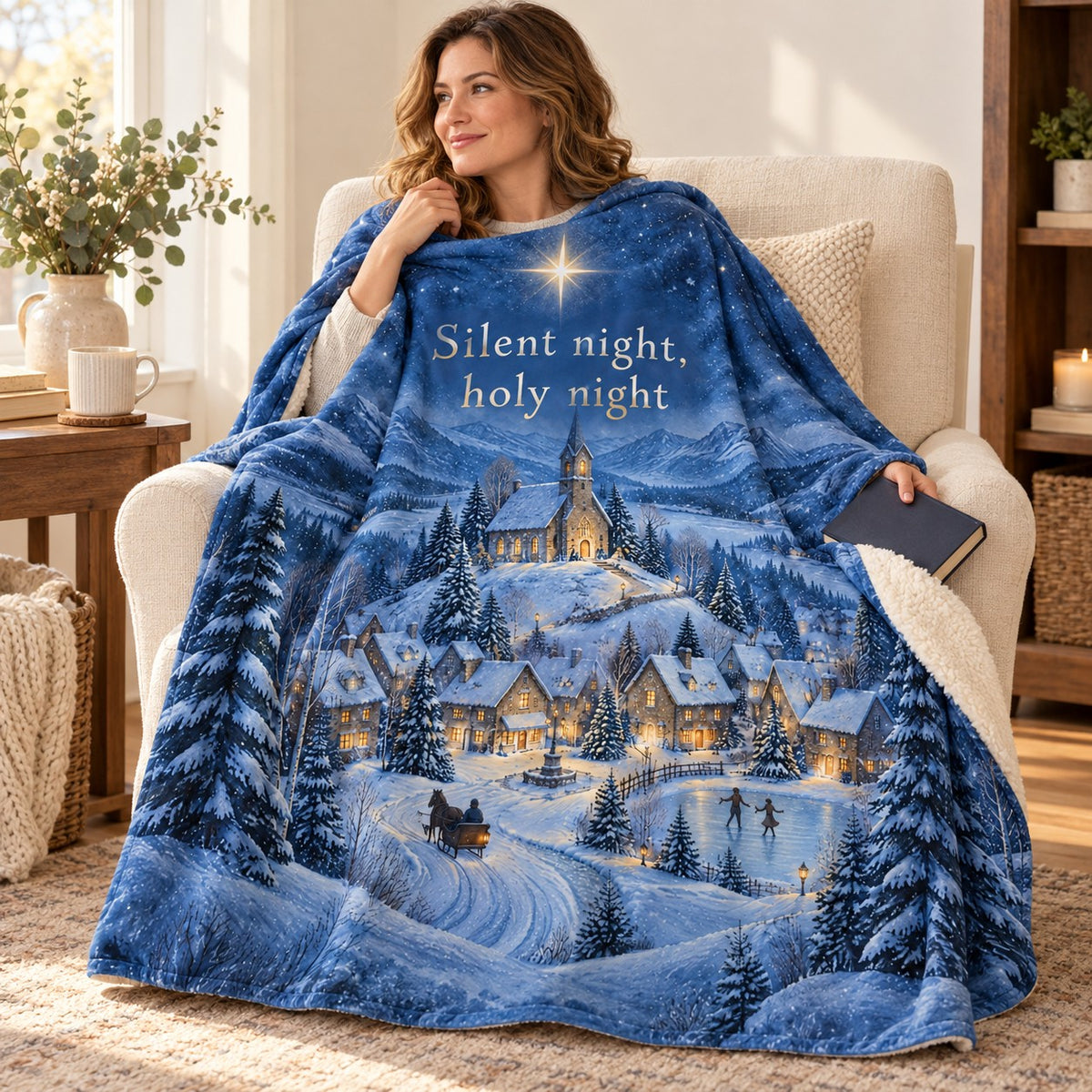 Silent night, holy night blanket, wrapped around a reader