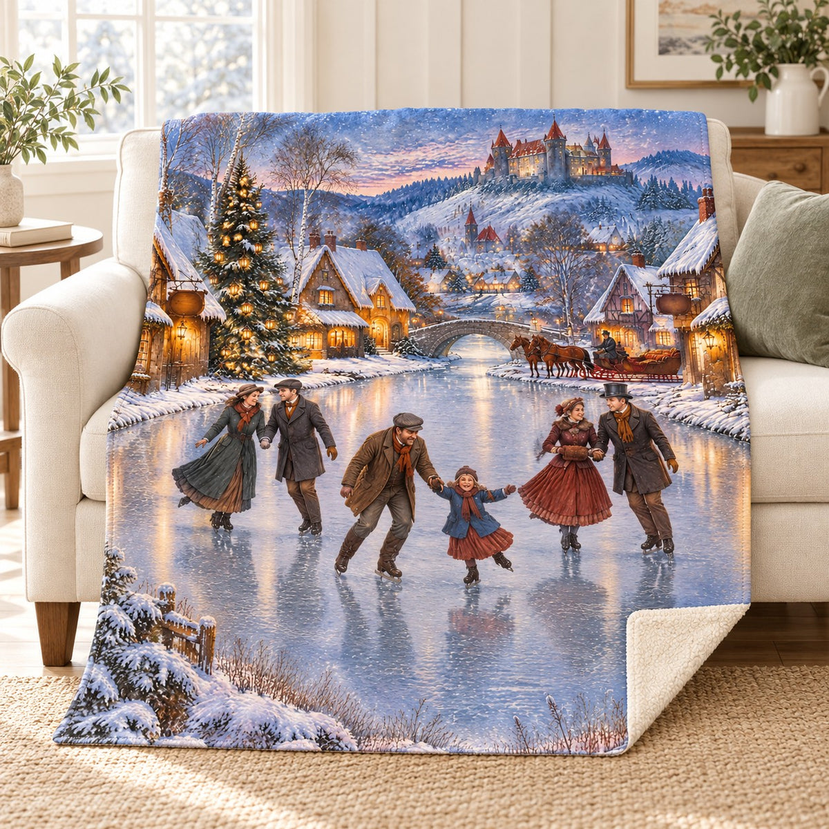 Village Pond Skaters blanket, on a sofa