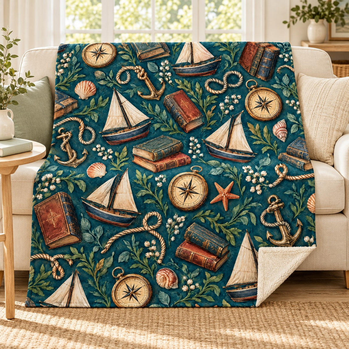 The Maritime Reader blanket, on a sofa