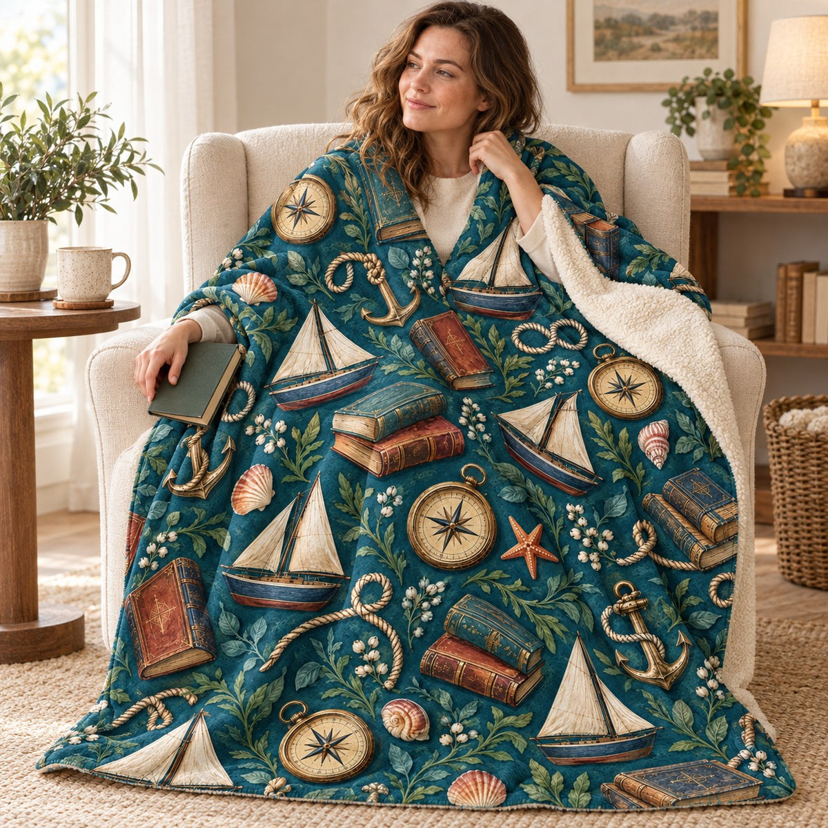 The Maritime Reader blanket, wrapped around a reader