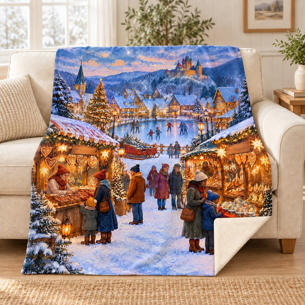 Christmas Market blanket, on a sofa