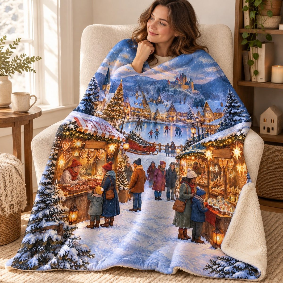 Christmas Market blanket, wrapped around a reader
