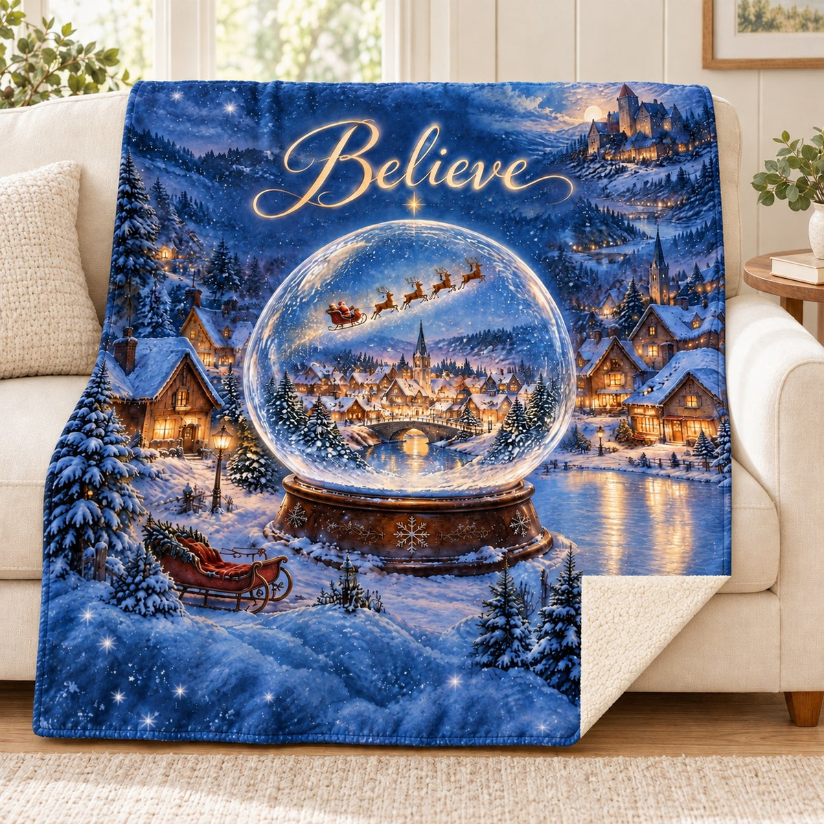 Believe blanket, on a sofa