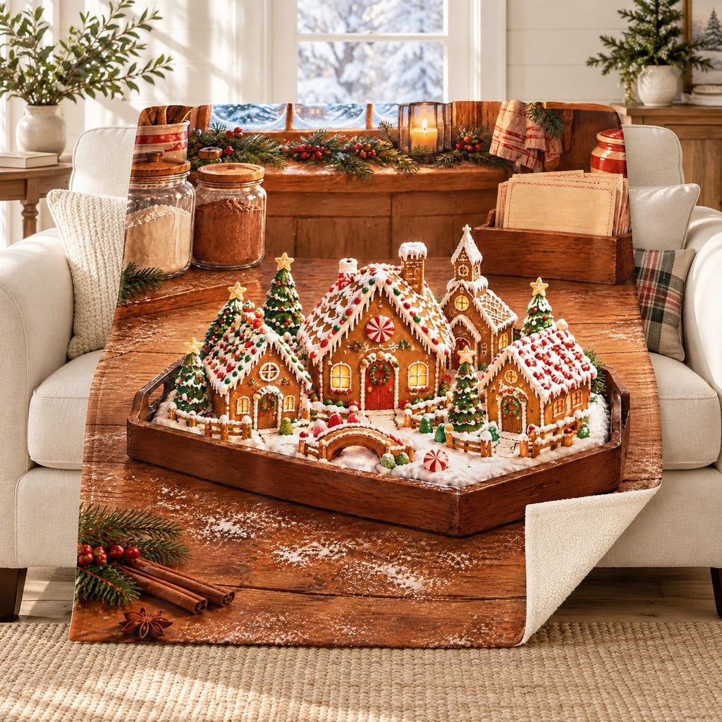 Gingerbread Village blanket, on a sofa