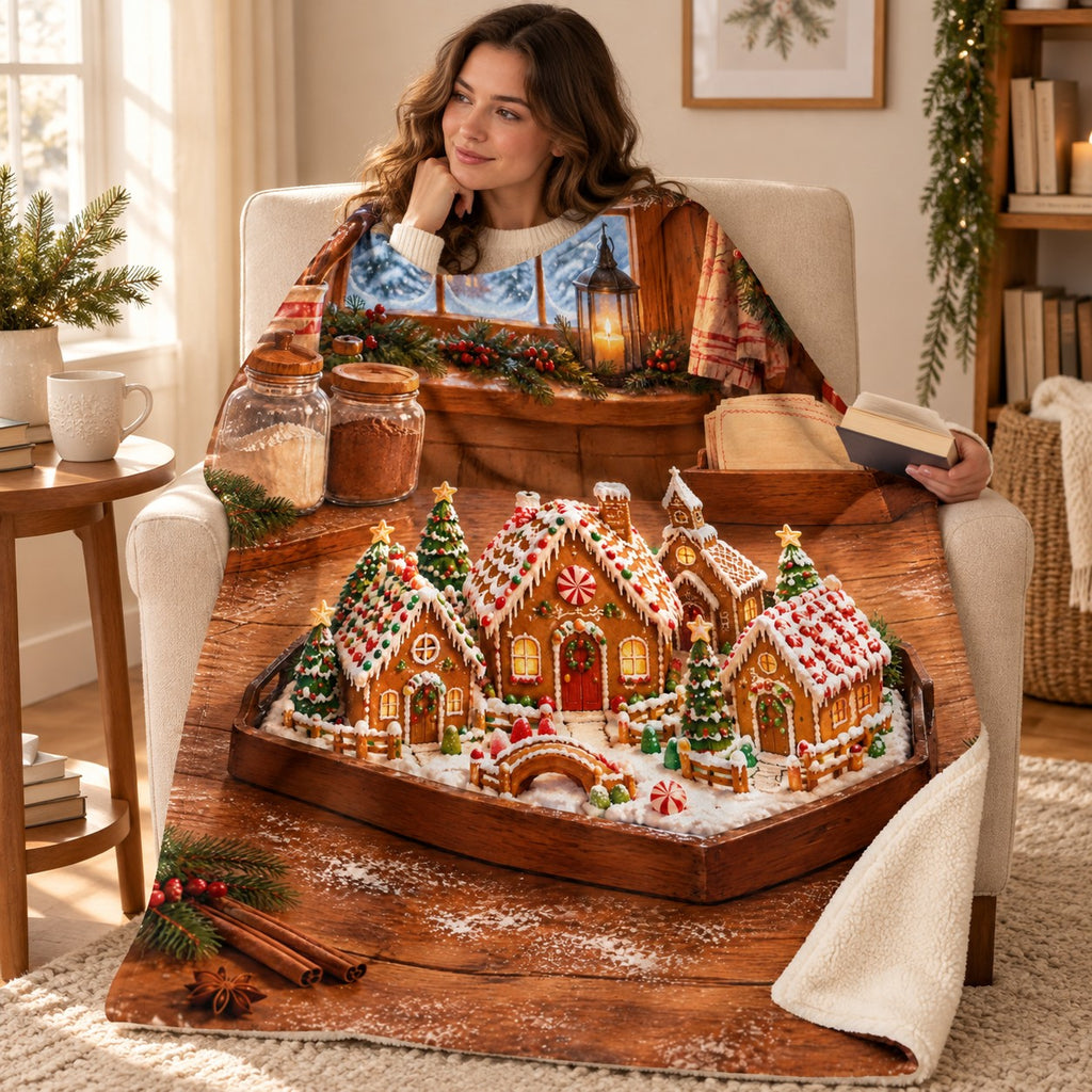 Gingerbread Village blanket, wrapped around a reader