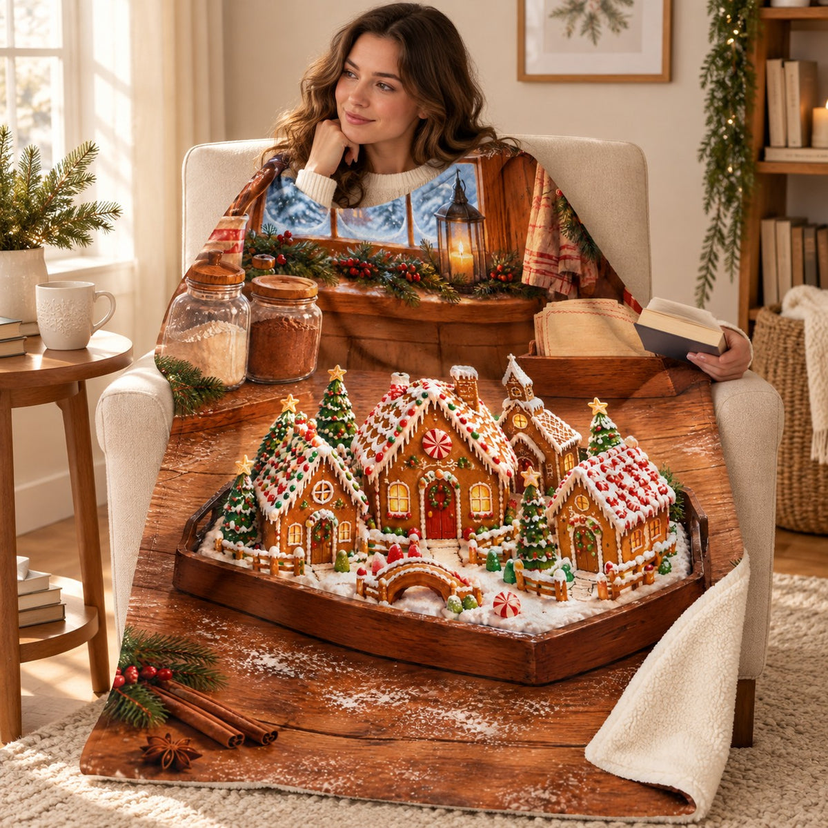 Gingerbread Village blanket, wrapped around a reader
