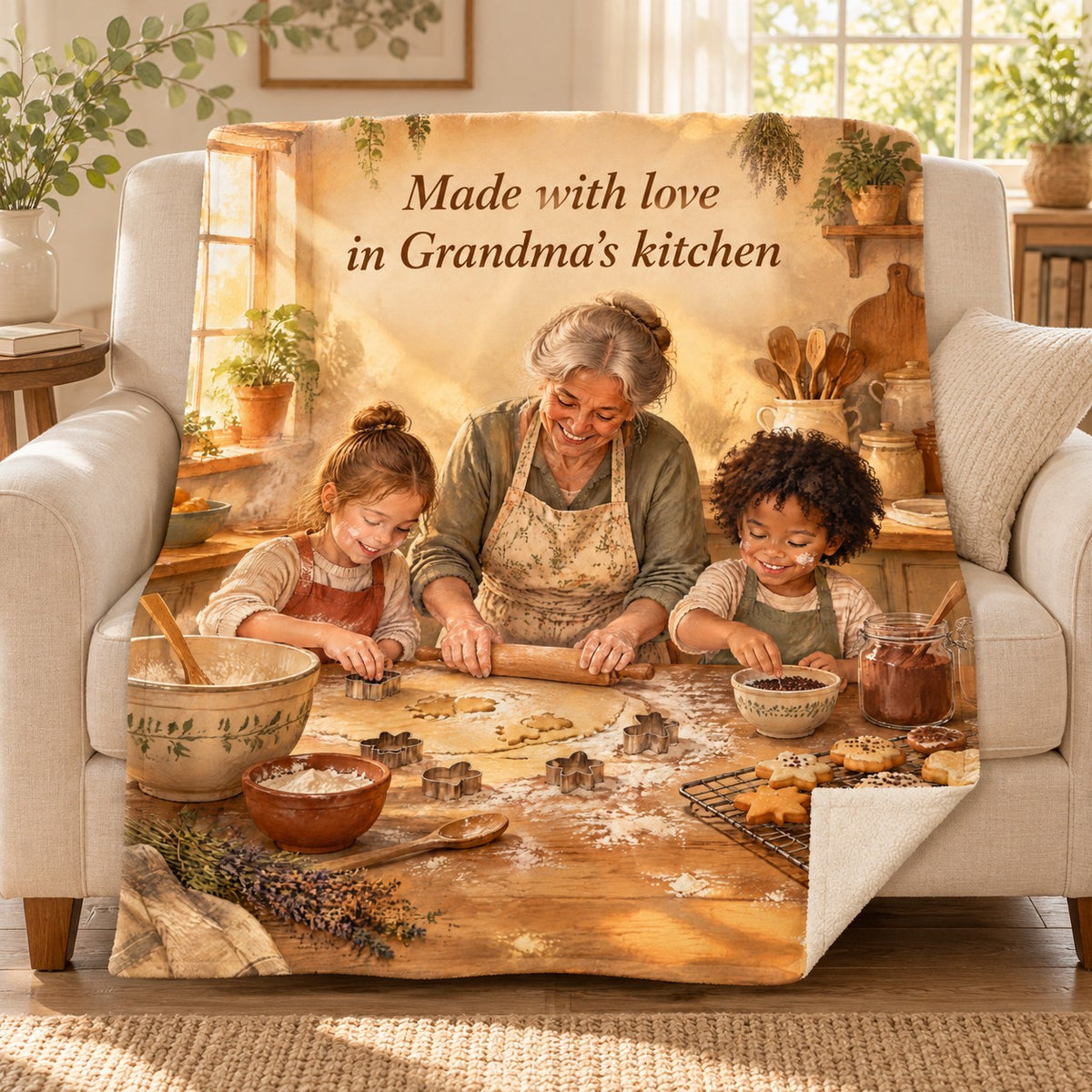 Made with love in Grandma's kitchen blanket, on a sofa