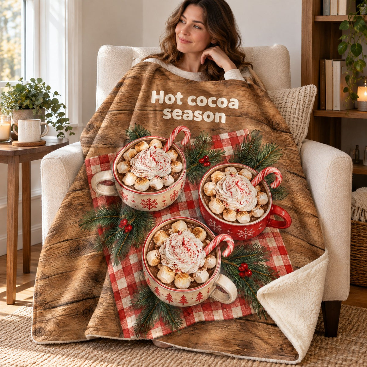 Hot cocoa season blanket, wrapped around a reader