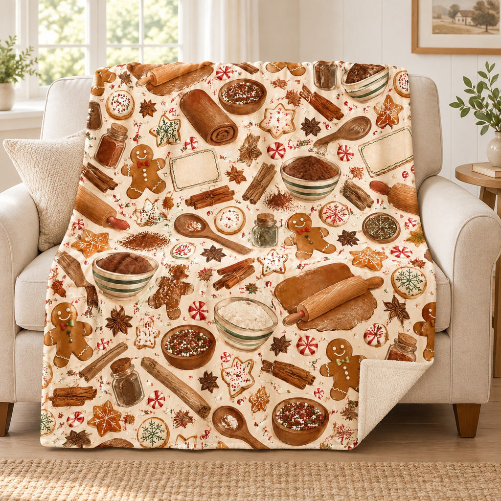 Gingerbread Cookie Pattern blanket, on a sofa