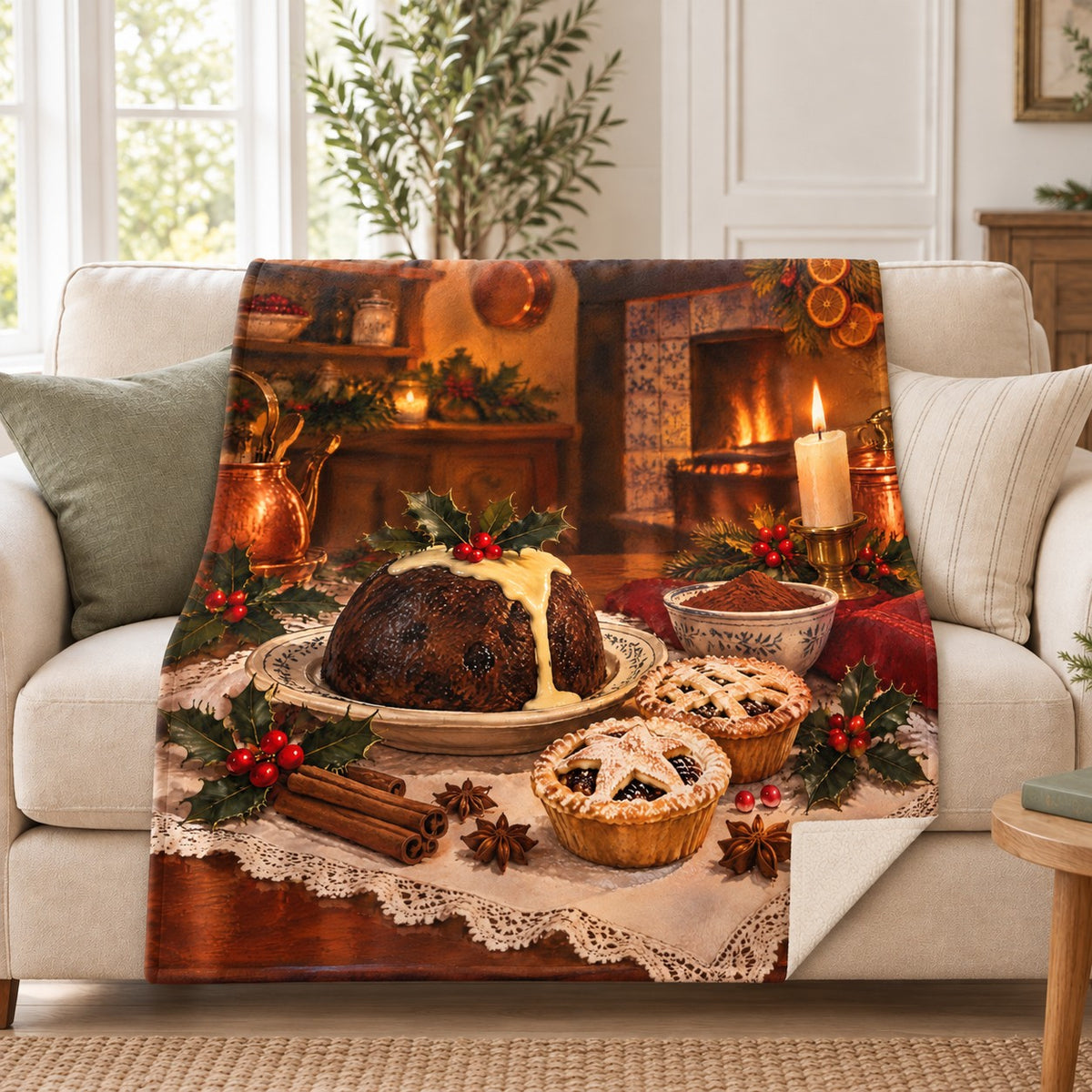 Victorian Christmas Pudding blanket, on a sofa