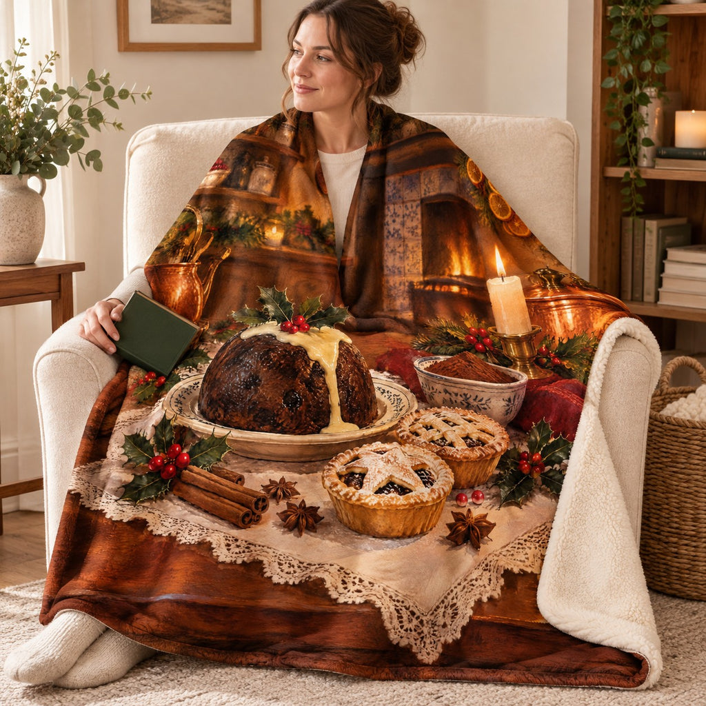 Victorian Christmas Pudding blanket, wrapped around a reader