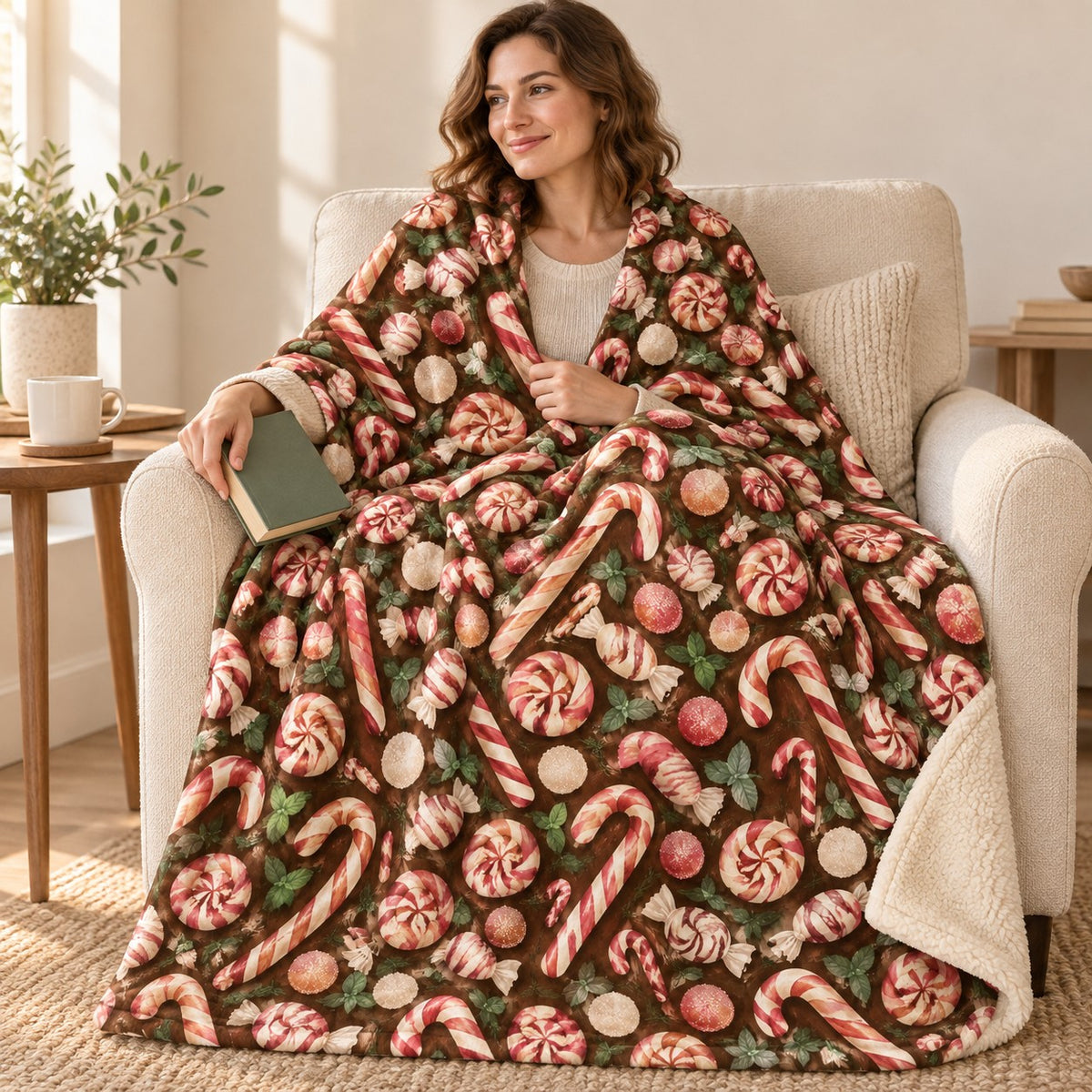 Peppermint Swirls blanket, wrapped around a reader