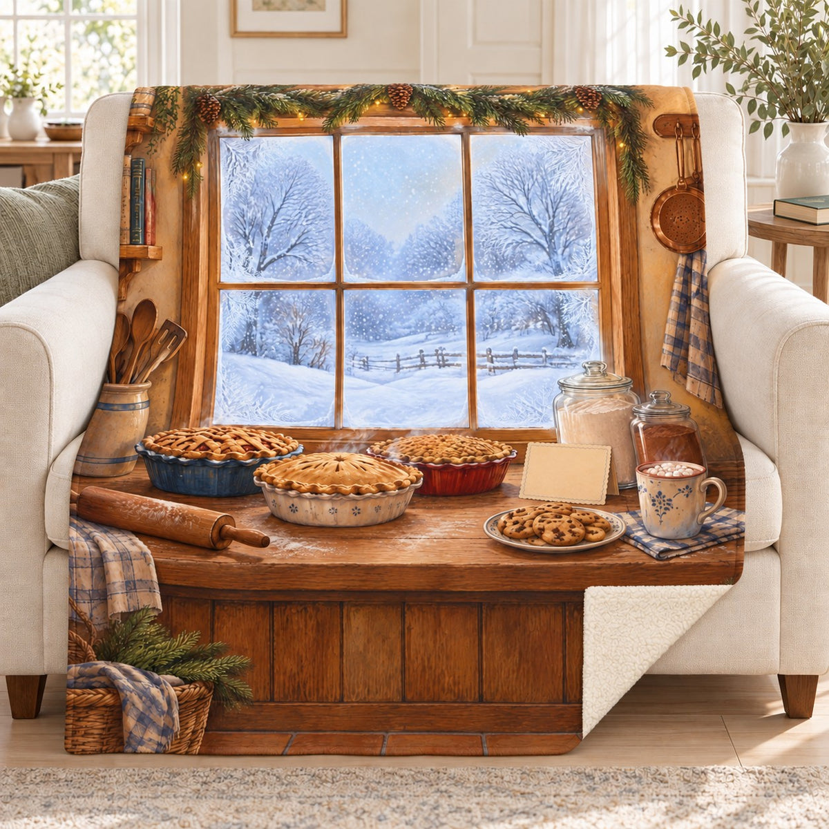 Winter Kitchen Window blanket, on a sofa
