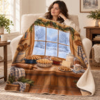 Winter Kitchen Window blanket, wrapped around a reader