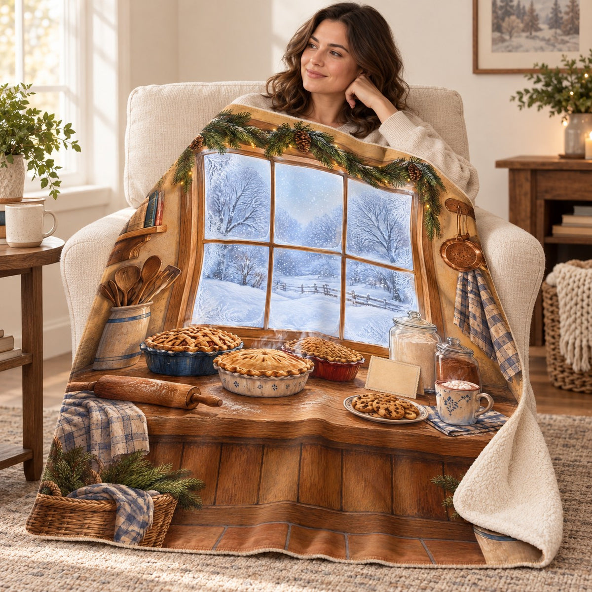 Winter Kitchen Window blanket, wrapped around a reader