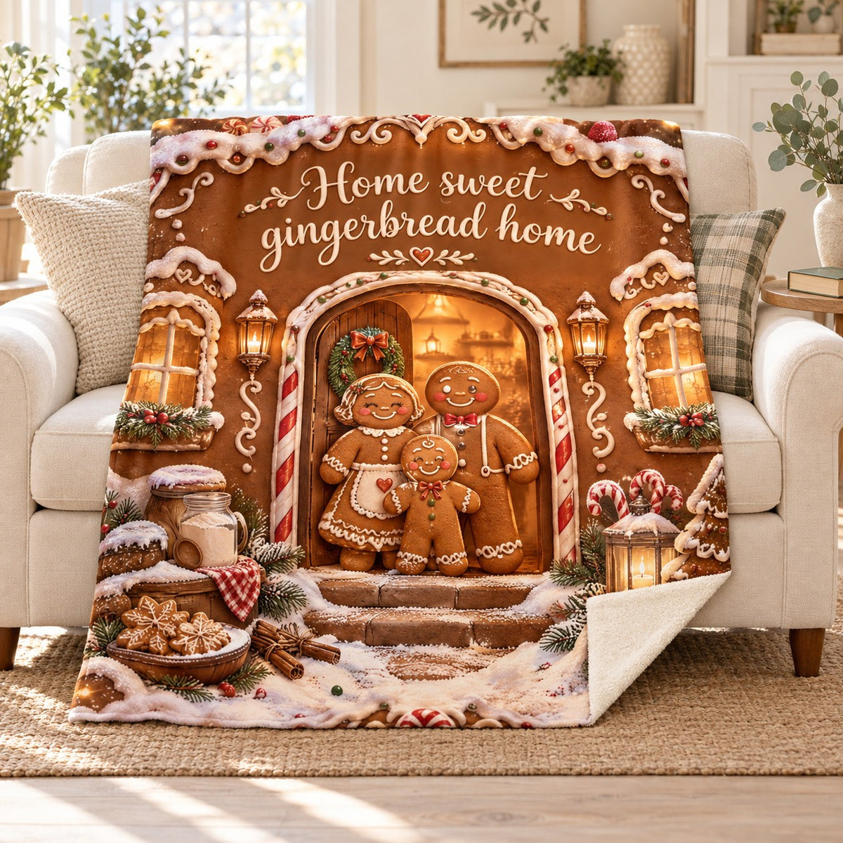 Home sweet gingerbread home blanket, on a sofa