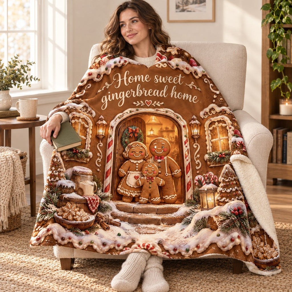 Home sweet gingerbread home blanket, wrapped around a reader