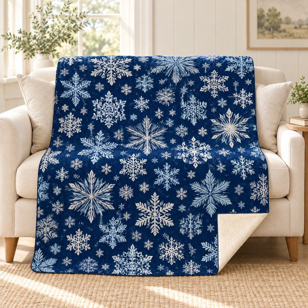 Navy Snowflakes blanket, on a sofa