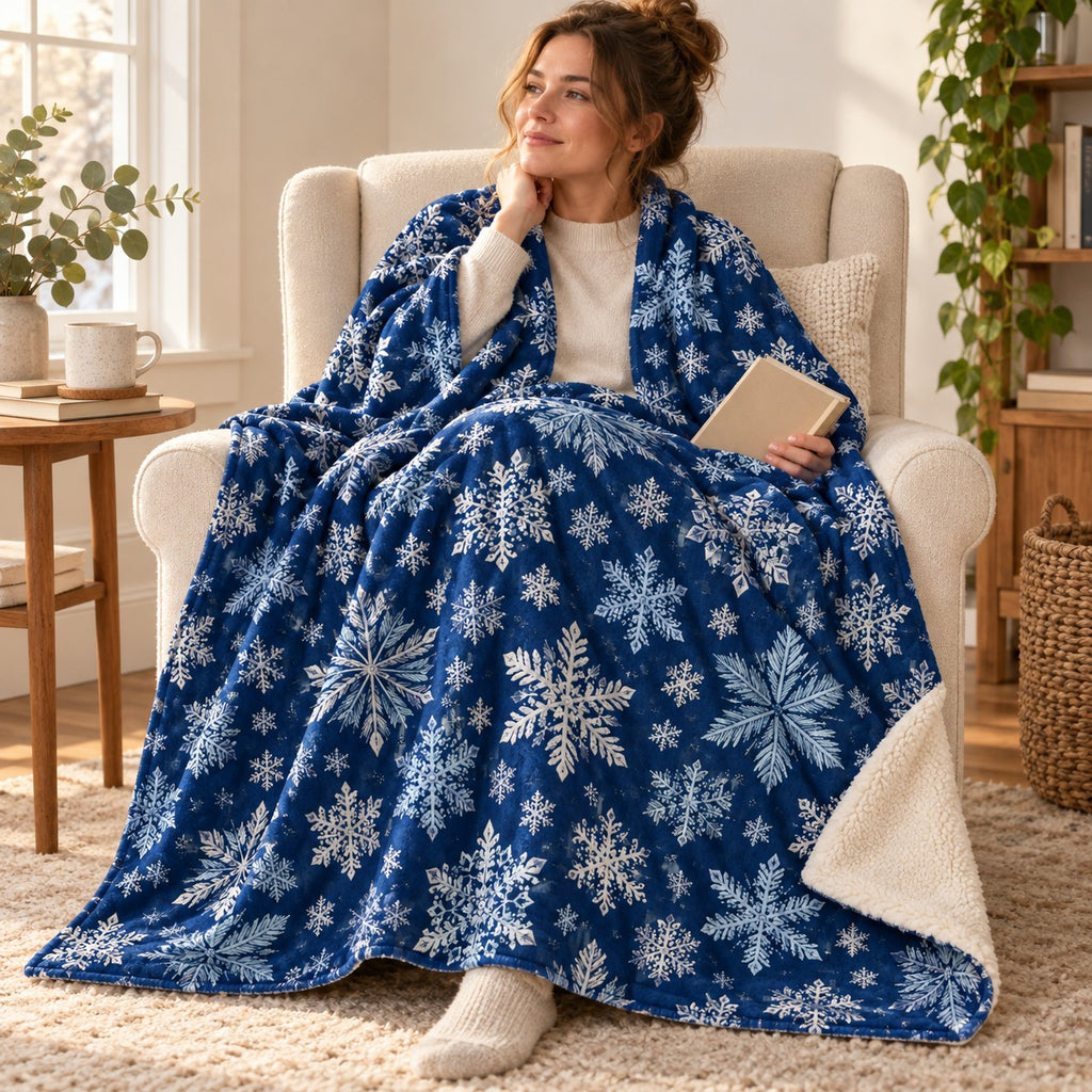 Navy Snowflakes blanket, wrapped around a reader