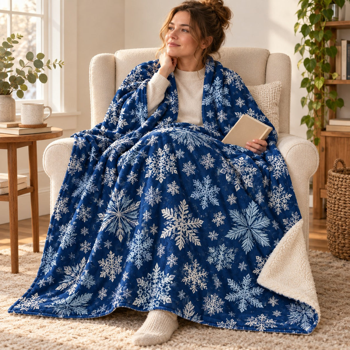 Navy Snowflakes blanket, wrapped around a reader