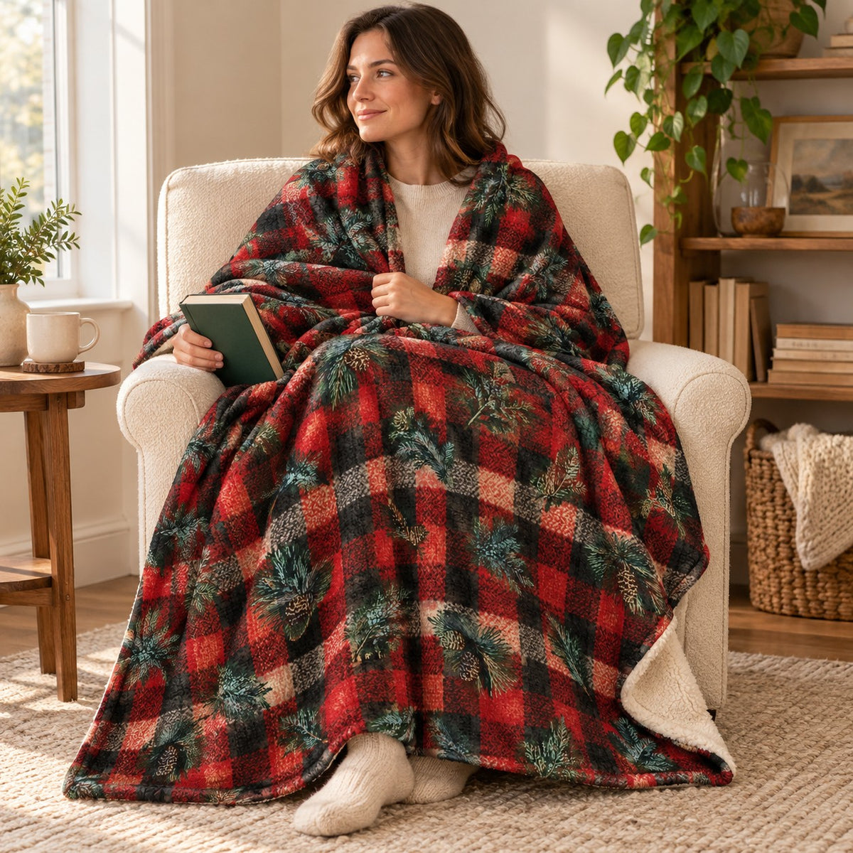 Evergreen Buffalo Check blanket, wrapped around a reader