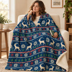 Nordic Winter Knit blanket, wrapped around a reader