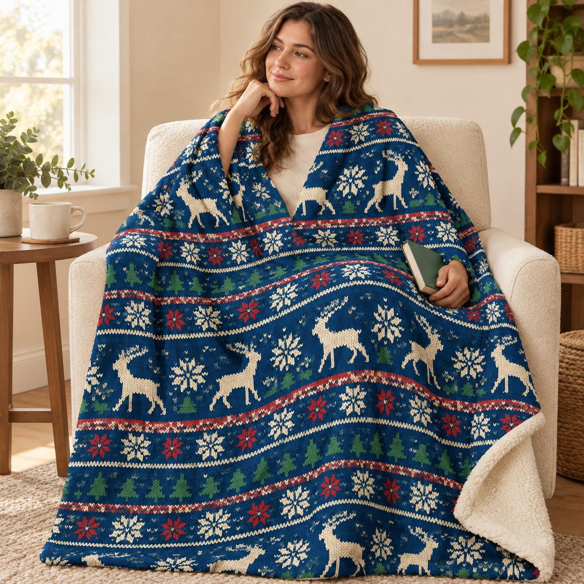 Nordic Winter Knit blanket, wrapped around a reader