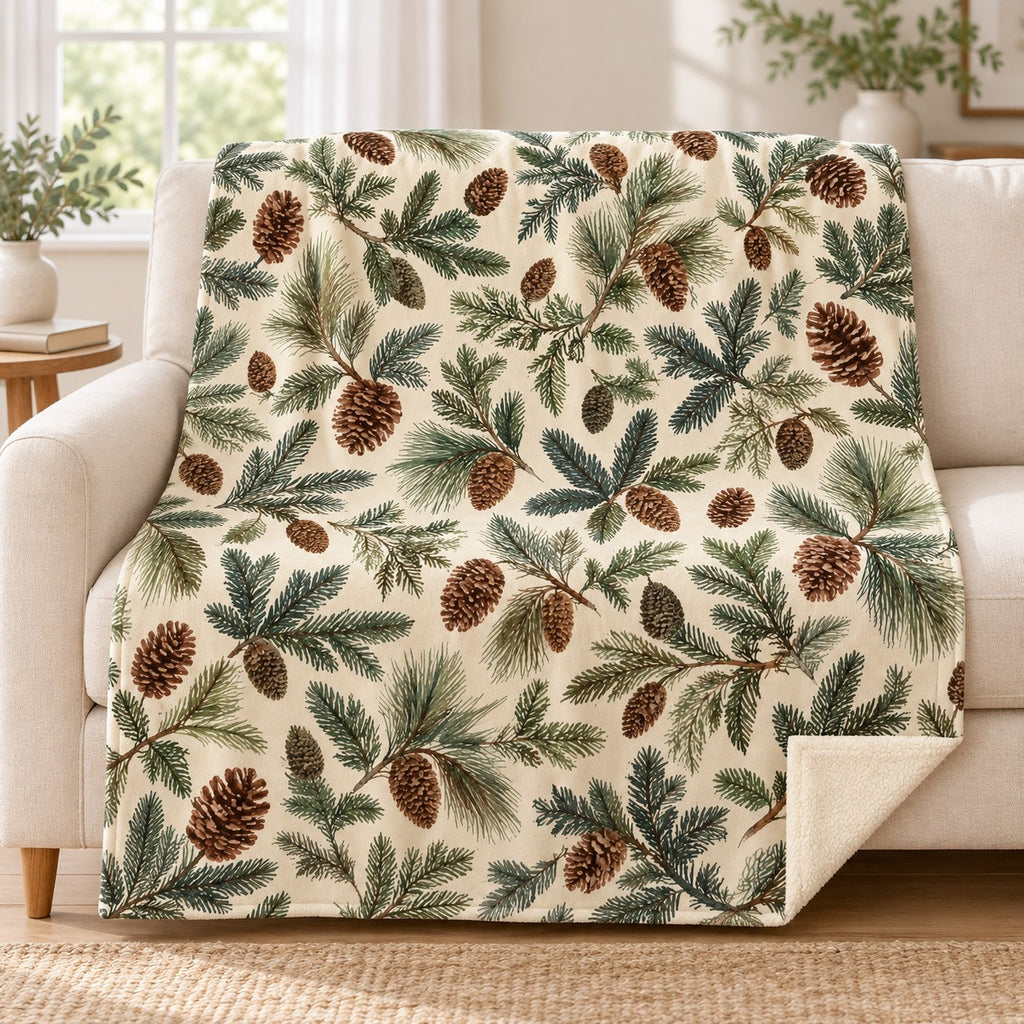 Cream Pinecones blanket, on a sofa